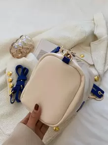 low tea 1 件拼色单肩水桶包，金属链条装饰，PU 材质，适合旅行、购物、约会、女士送礼。适合少女、大学生、工作、商务、通勤，时尚商务休闲包，适合办公室、商务和工作 - 藍白色 - 查看 7