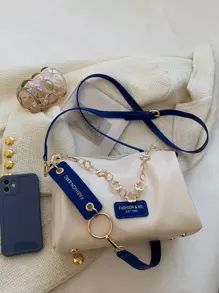 low tea 1 件拼色单肩水桶包，金属链条装饰，PU 材质，适合旅行、购物、约会、女士送礼。适合少女、大学生、工作、商务、通勤，时尚商务休闲包，适合办公室、商务和工作 - 藍白色 - 查看 4