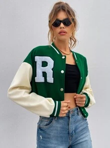 SHEIN Unity Cazadora de universidad con parche de letra ribete de rayas de hombros caídos - Multicolor - Ver 6