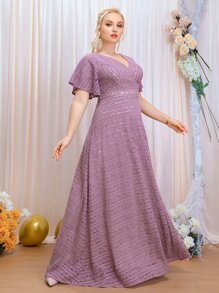 SHEIN Belle 大碼蕾絲拼接蝴蝶袖V型露背伴娘連衣裙 - 紫色 - 查看 1