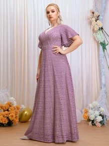 SHEIN Belle 大碼蕾絲拼接蝴蝶袖V型露背伴娘連衣裙 - 紫色 - 查看 6