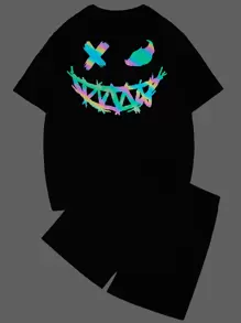 Manfinity RebelGame Hombres reflectante con estampado de dibujos animados Camiseta & de cintura con cordón Shorts - Negro - Ver 1