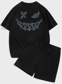 Manfinity RebelGame Hombres reflectante con estampado de dibujos animados Camiseta & de cintura con cordón Shorts - Negro - Ver 4