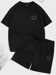 Manfinity RebelGame Hombres reflectante con estampado de dibujos animados Camiseta & de cintura con cordón Shorts - Negro - Ver 3