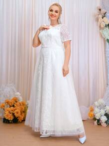 SHEIN Belle Plus Contrast Mesh Zipper Back Wedding Dress - White - View 1