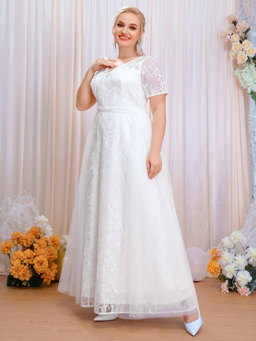 SHEIN Belle Plus Contrast Mesh Zipper Back Wedding Dress - White - View 1