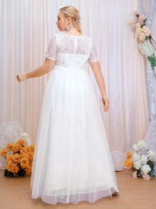 SHEIN Belle Plus Contrast Mesh Zipper Back Wedding Dress - White - View 2