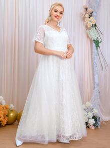 SHEIN Belle Plus Contrast Mesh Zipper Back Wedding Dress - White - View 3