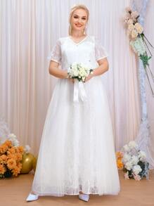 SHEIN Belle Plus Contrast Mesh Zipper Back Wedding Dress - White - View 4