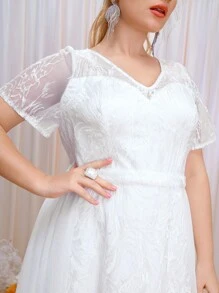 SHEIN Belle Plus Contrast Mesh Zipper Back Wedding Dress - White - View 5