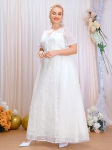 SHEIN Belle Plus Contrast Mesh Zipper Back Wedding Dress - White - View 6