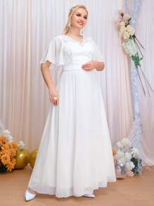 SHEIN Belle Plus Contrast Mesh Butterfly Sleeve Wedding Dress - White - View 1