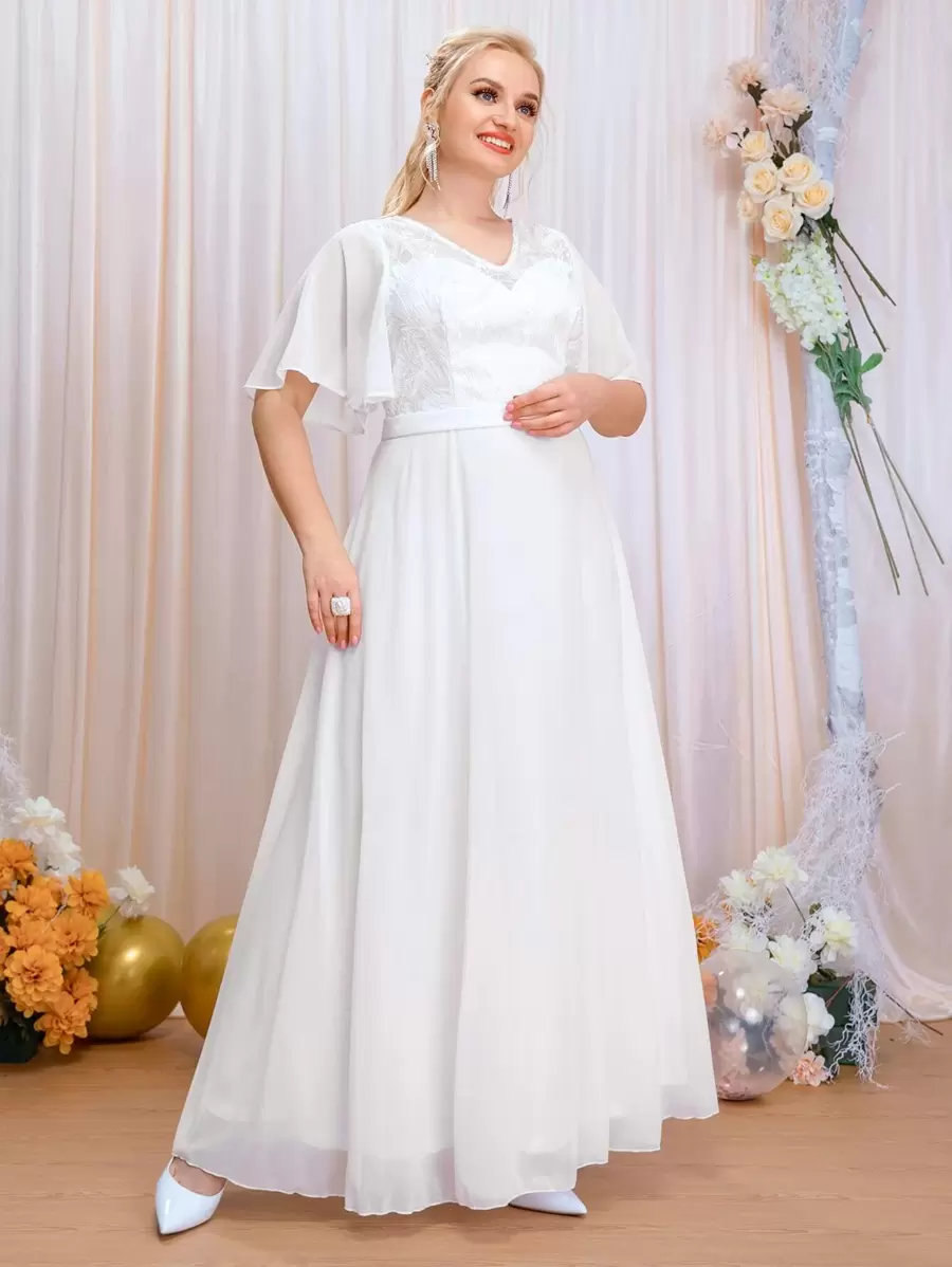 SHEIN Belle Plus Contrast Mesh Butterfly Sleeve Wedding Dress - White - View 1