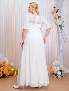 SHEIN Belle Plus Contrast Mesh Butterfly Sleeve Wedding Dress - White - View 2