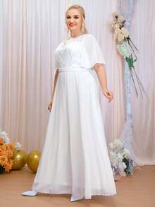 SHEIN Belle Plus Contrast Mesh Butterfly Sleeve Wedding Dress - White - View 4
