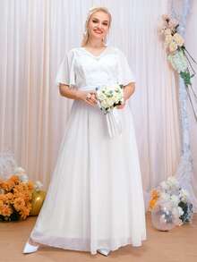 SHEIN Belle Plus Contrast Mesh Butterfly Sleeve Wedding Dress - White - View 5