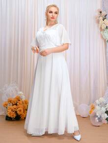 SHEIN Belle Plus Contrast Mesh Butterfly Sleeve Wedding Dress - White - View 7