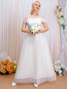 SHEIN Belle Plus Cold Shoulder Mesh Wedding Dress - White - View 1