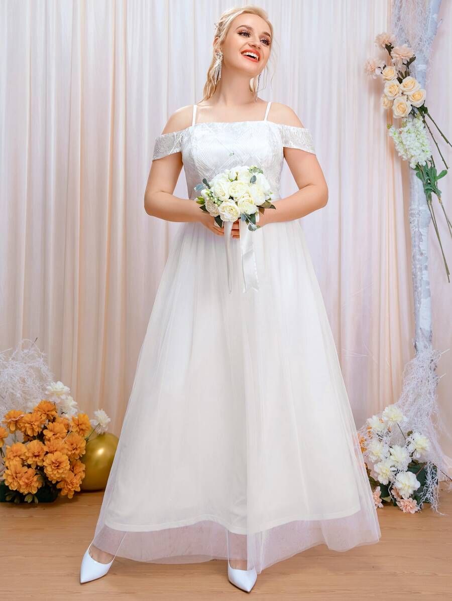 SHEIN Belle Plus Cold Shoulder Mesh Wedding Dress - White - View 1