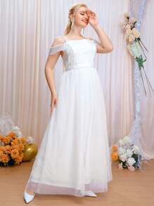 SHEIN Belle Plus Cold Shoulder Mesh Wedding Dress - White - View 5