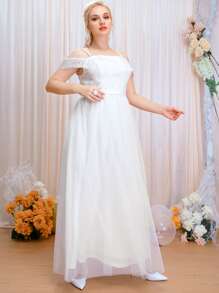 SHEIN Belle Plus Cold Shoulder Mesh Wedding Dress - White - View 7