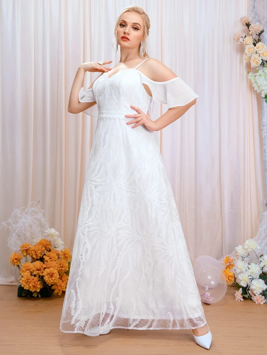 SHEIN Belle Plus Contrast Lace Cold Shoulder Wedding Dress - White - View 1