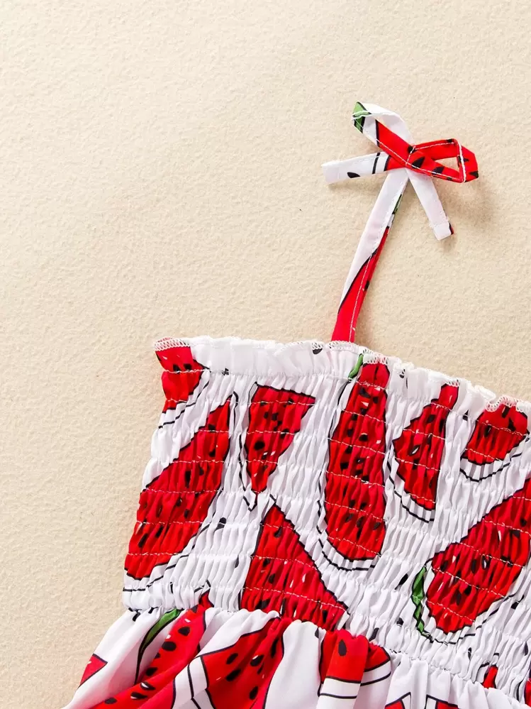 SHEIN Young Girl Watermelon Print Shirred Cami Dress - Red and White - View 5