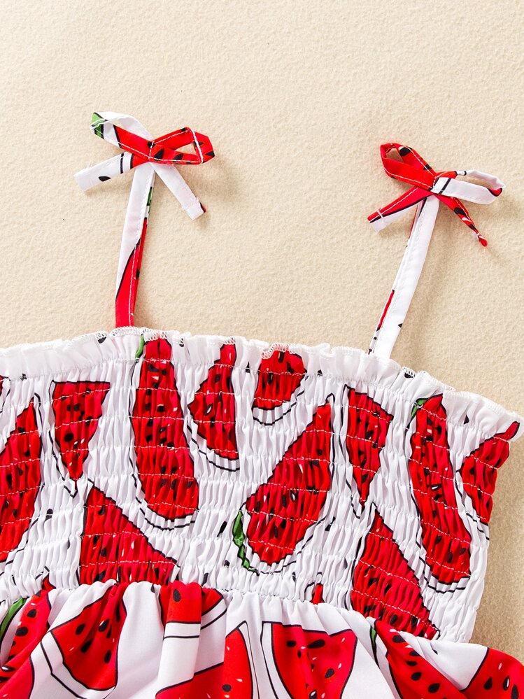 SHEIN Young Girl Watermelon Print Shirred Cami Dress - Red and White - View 6