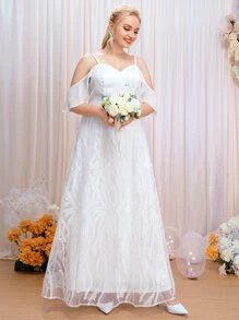 SHEIN Belle Plus Contrast Lace Cold Shoulder Wedding Dress - White - View 4