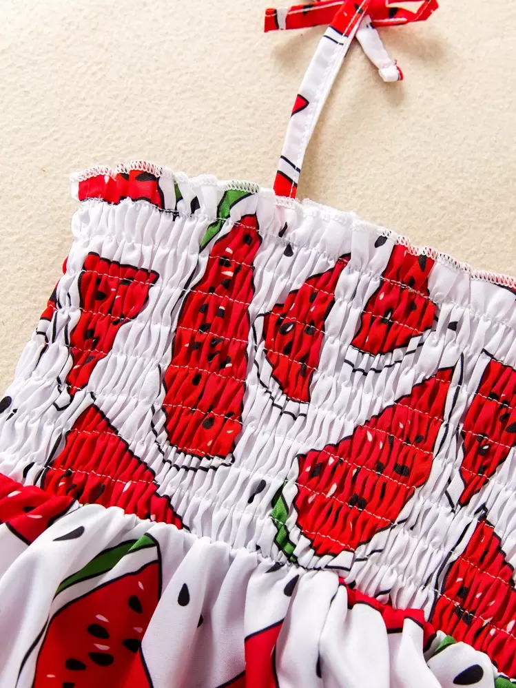SHEIN Young Girl Watermelon Print Shirred Cami Dress - Red and White - View 7