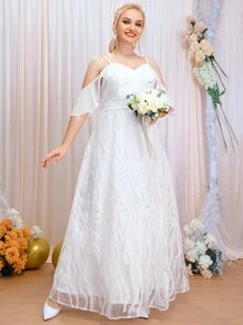 SHEIN Belle Plus Contrast Lace Cold Shoulder Wedding Dress - White - View 5