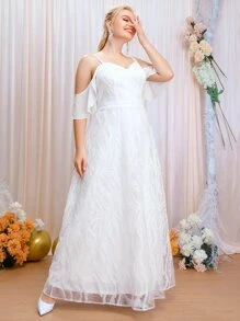 SHEIN Belle Plus Contrast Lace Cold Shoulder Wedding Dress - White - View 6