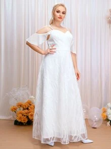 SHEIN Belle Plus Contrast Lace Cold Shoulder Wedding Dress - White - View 7
