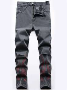 Manfinity uomo Jeans strappati con strass - Grigio Scuro - Visualizzare 1