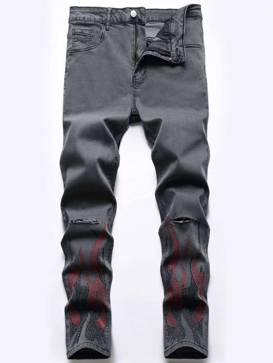 Manfinity uomo Jeans strappati con strass - Grigio Scuro - Visualizzare 1