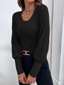 RueChic Solid Bishop Sleeve Rib Knit Tee - Black - View 1