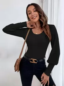 RueChic Solid Bishop Sleeve Rib Knit Tee - Black - View 4