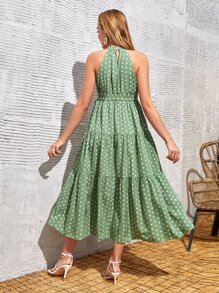SHEIN Maternity Halter Neck Polka Dot Belted Ruffle Hem Dress - Lime Green - View 2