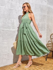 SHEIN Maternity Halter Neck Polka Dot Belted Ruffle Hem Dress - Lime Green - View 4