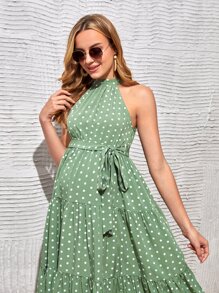 SHEIN Maternity Halter Neck Polka Dot Belted Ruffle Hem Dress - Lime Green - View 5