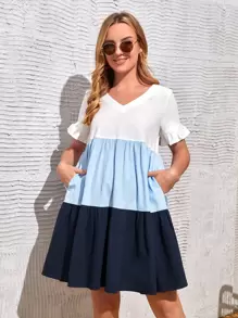 SHEIN Maternity V Neck Colourblock Ruffle Hem Dress - Blue and White - View 1