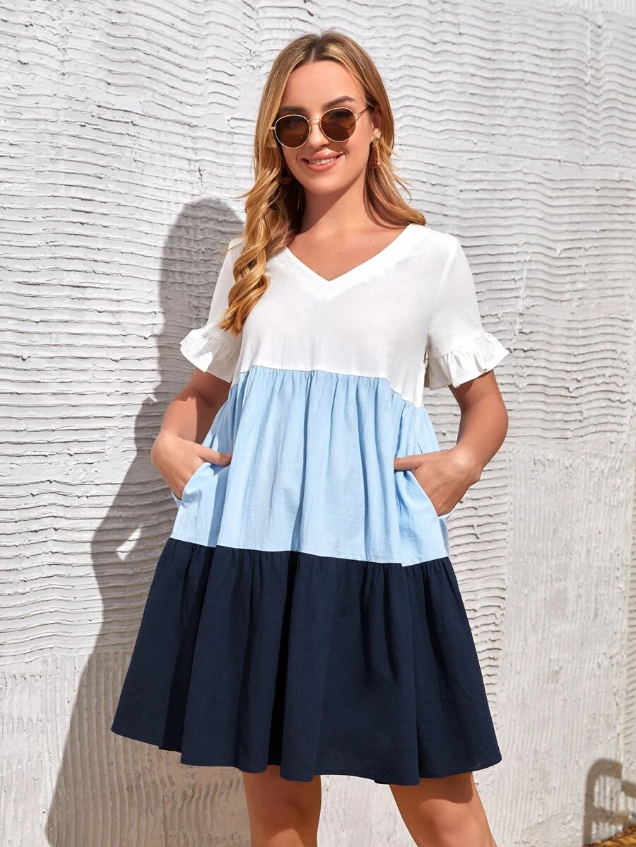 SHEIN Maternity V Neck Colourblock Ruffle Hem Dress - Blue and White - View 1