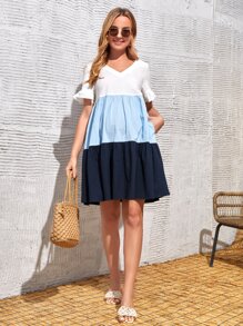 SHEIN Maternity V Neck Colourblock Ruffle Hem Dress - Blue and White - View 3