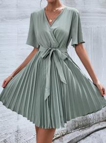 交疊領腰帶百褶下擺連衣裙 - 霧霾藍 - 查看 2