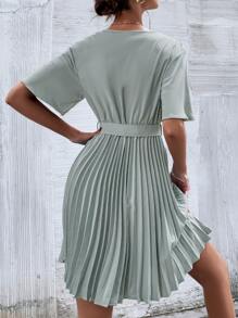 交疊領腰帶百褶下擺連衣裙 - 霧霾藍 - 查看 3