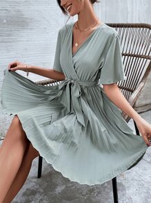 交疊領腰帶百褶下擺連衣裙 - 霧霾藍 - 查看 4