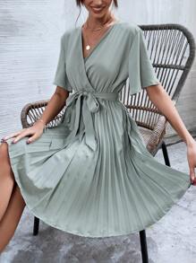 交疊領腰帶百褶下擺連衣裙 - 霧霾藍 - 查看 5