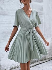 交疊領腰帶百褶下擺連衣裙 - 霧霾藍 - 查看 6