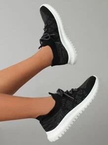 Cuccoo Knit Detail Breathable Lace-up Front Running Shoes - Black - View 4
