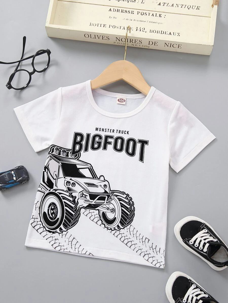 小男童汽車和字母圖案T恤 - 白色 - 查看 1